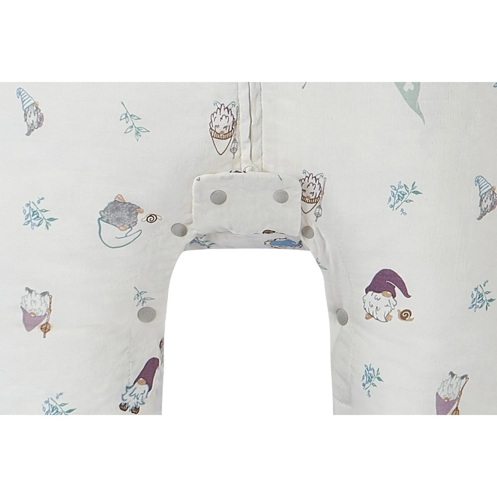 Nest Designs Raglan Bamboo Pima Short Sleeve Footed Sleep Bag 0.6 tog-white with gnome prints, snaps fasten at shoulders.