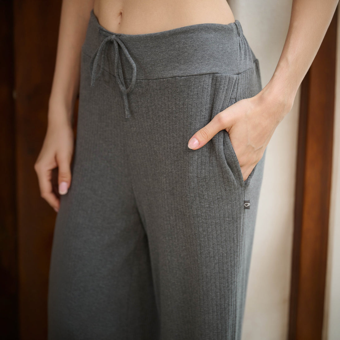 Nest Designs Rib Knit Bell Bottom Maternity Pants Charcoal maternity fit view