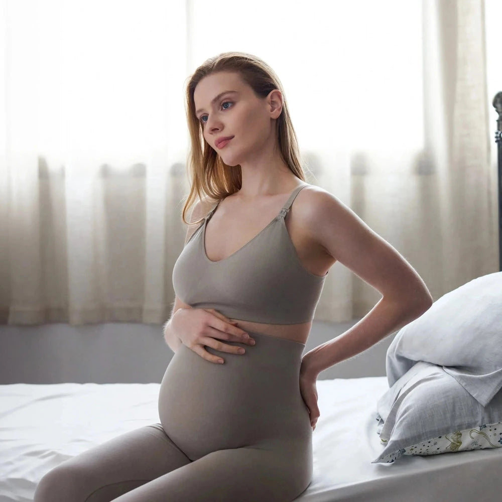Nest Designs Slate seamless nursing bra, seated lifestyle