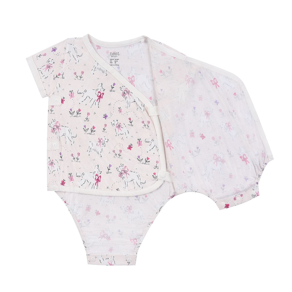 NEST DESIGNS Nest Designs Short Sleeve Kimono Onesie Doggie Meadow wrap-front with snaps and coordinating floral prints img 2/5