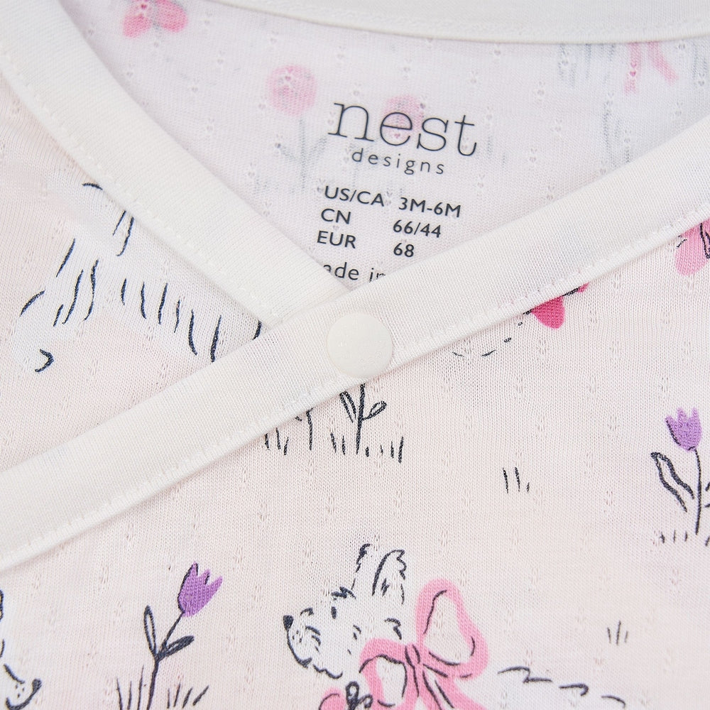 NEST DESIGNS Nest Designs Short Sleeve Kimono Onesie Doggie Meadow snap button closure with bunny and floral print pattern img 3/5