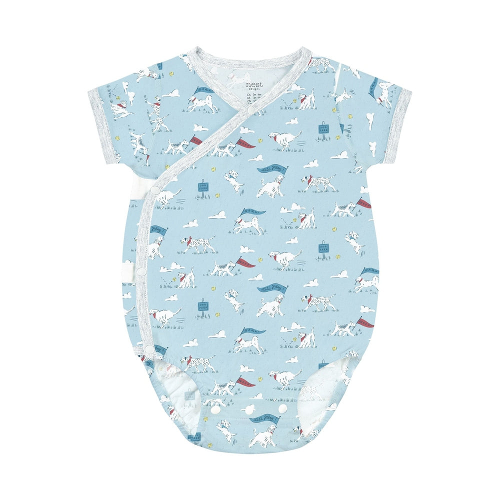 NEST DESIGNS Nest Designs Short Sleeve Kimono Onesie Puppy Park wrap closure with contrasting binding trim img 1/3