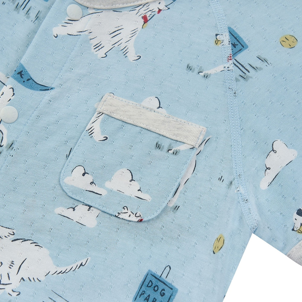 NEST DESIGNS Nest Designs Short Sleeve Romper Puppy Park chest pocket with bottom snap closures img 2/4