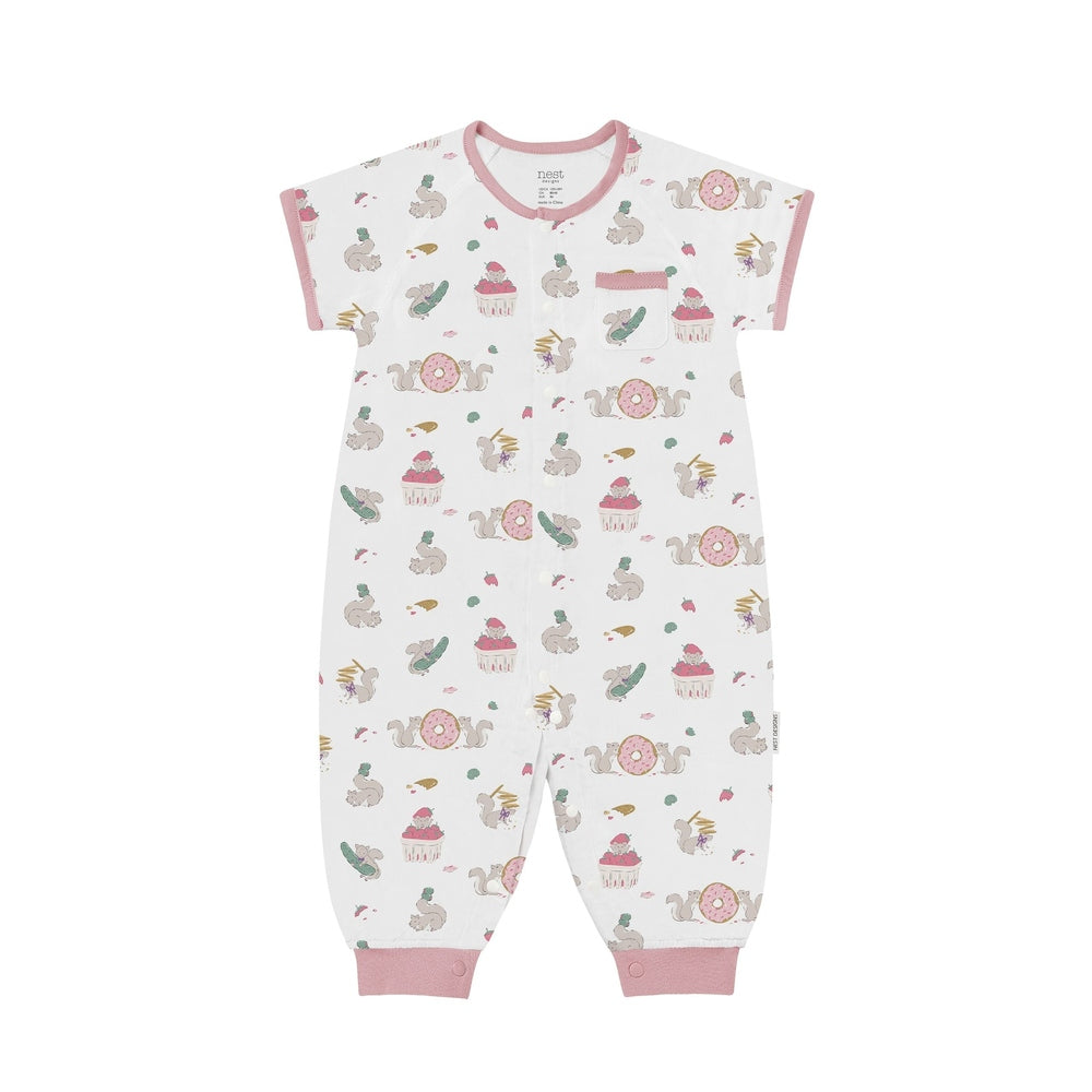 NEST DESIGNS Nest Designs Short Sleeve Romper Very Squirrelly pink contrast trim with whimsical animal and food print img 1/3