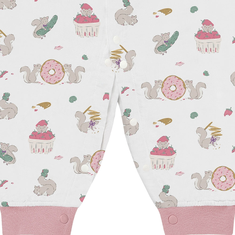 NEST DESIGNS Nest Designs Short Sleeve Romper Very Squirrelly pink fold-over cuffs with snaps and food-themed print img 3/3