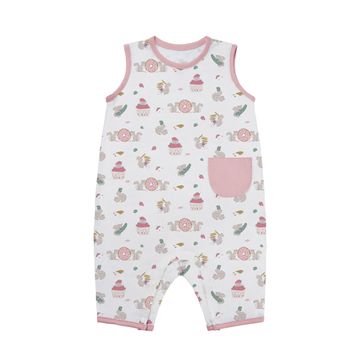 Nest Designs Very Squirrelly Sleeveless Romper front view with pink trim and pocket