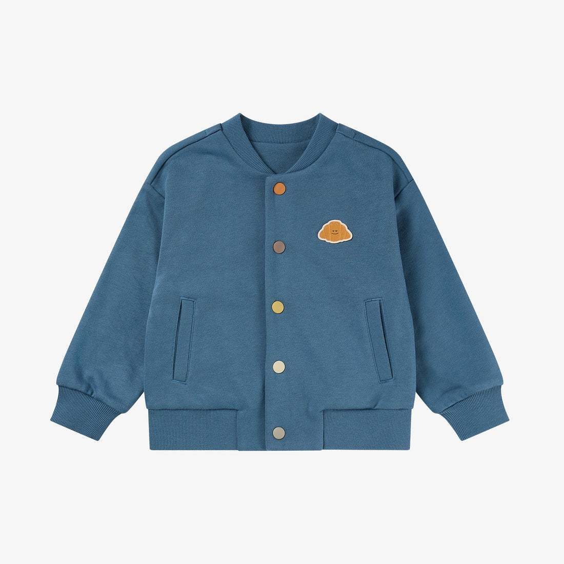 Nest Designs Smiley Brunch Baseball Jacket in Oceanview, front view with multicolour snaps, ribbed trim, welt pockets and croissant chest patch