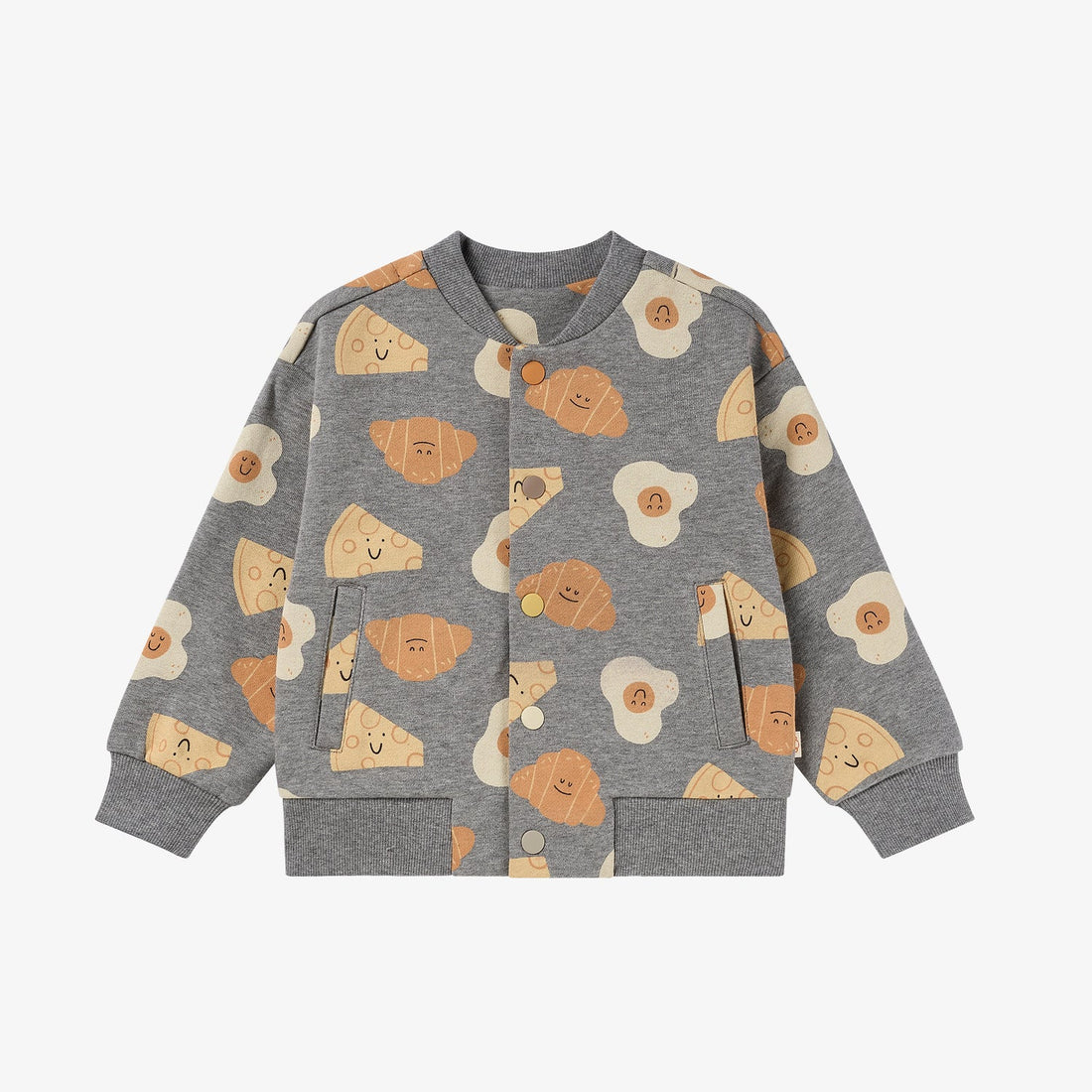 Nest Designs Smiley Brunch Baseball Jacket in Smiley Side Up, front view with allover breakfast characters, grey ribbing and patch pockets