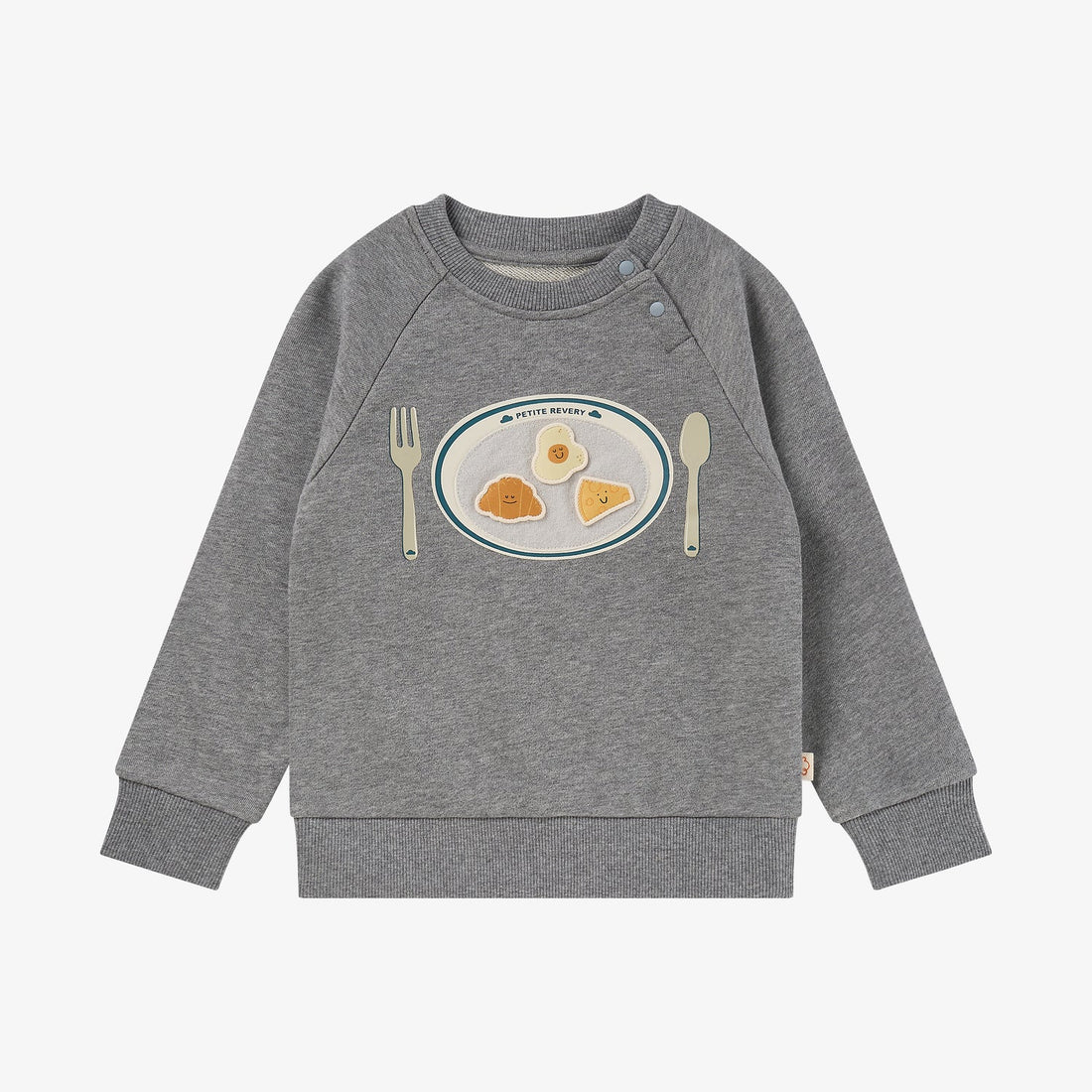 Nest Designs Smiley Plate Velcro Sweatshirt in Pebble Grey, front view with plate, cutlery, and smiling food patches