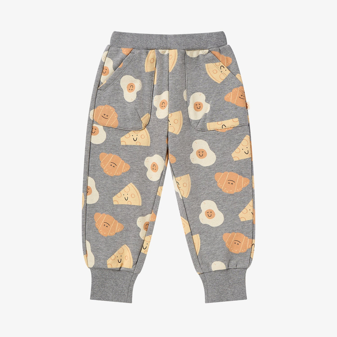 Nest Designs Print Joggers in Smiley Side Up grey, full front view with all-over smiling toast and egg characters