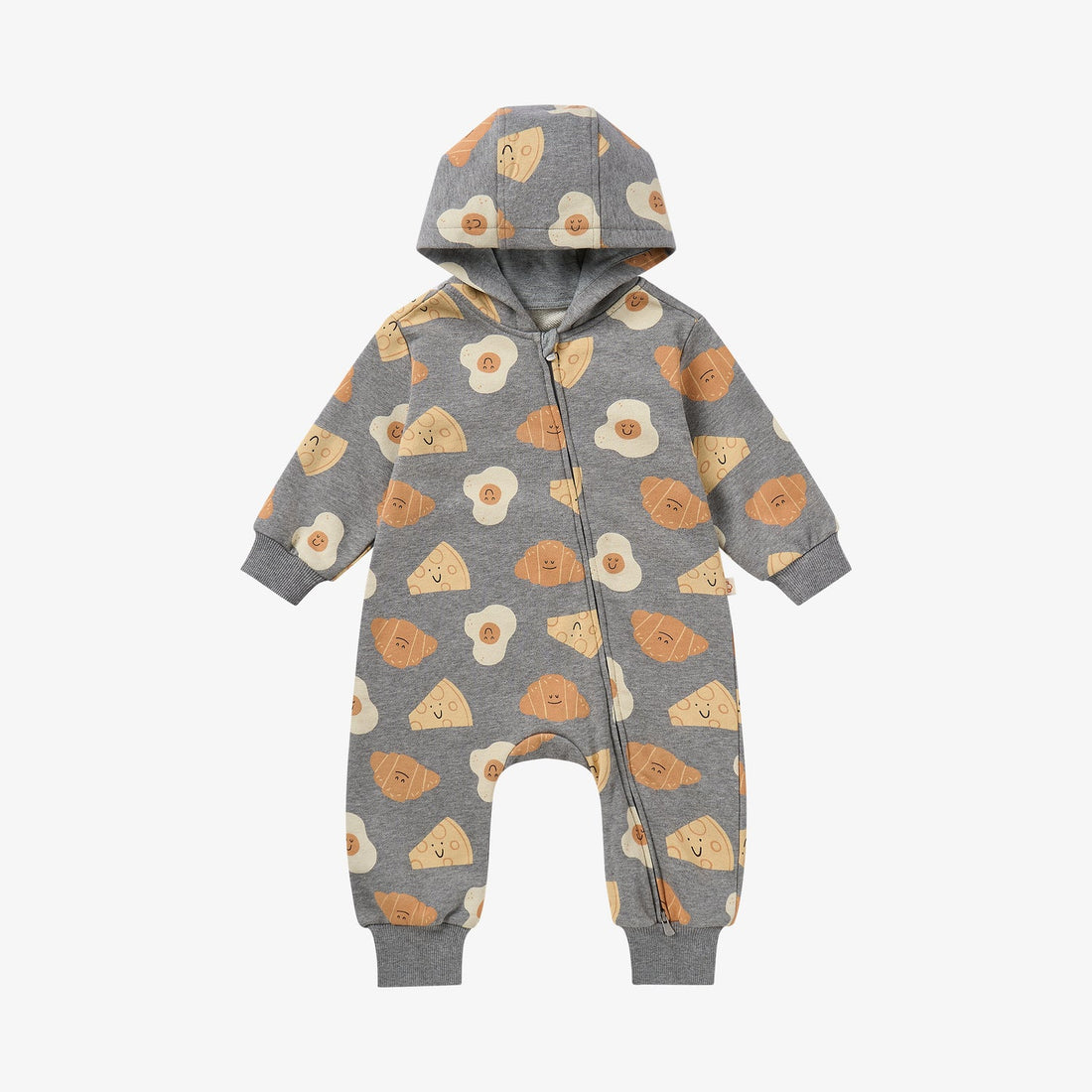 Nest Designs Smiley Side Up Hooded Romper in grey, full front view with zipper and all-over breakfast-food characters