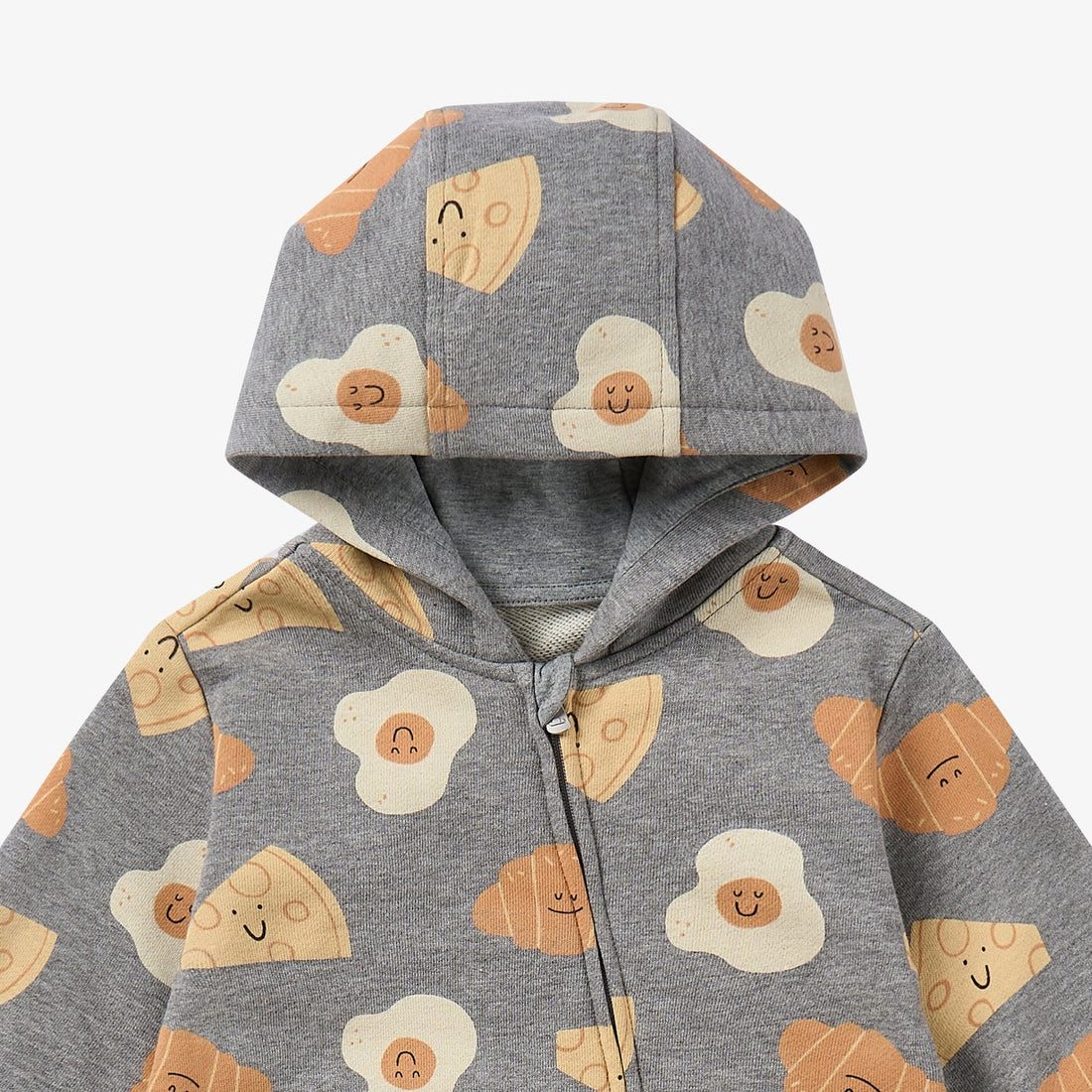 Nest Designs Smiley Side Up Hooded Romper in grey, hood close-up with front zipper and smiling toast and egg motifs