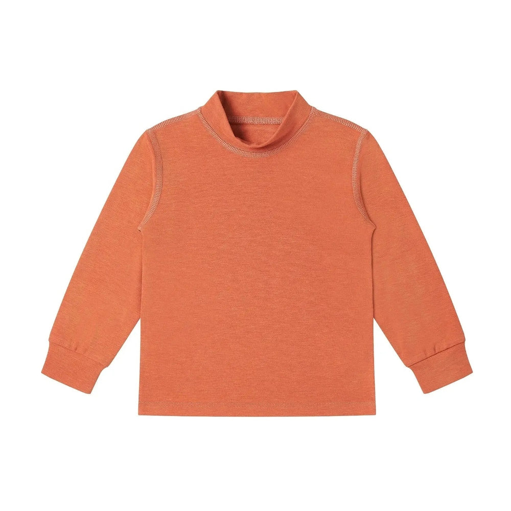 Nest Designs Tanboocel Mock Neck Long Sleeve Shirt Pantone Apricot Orange laid flat for a cozy baby top