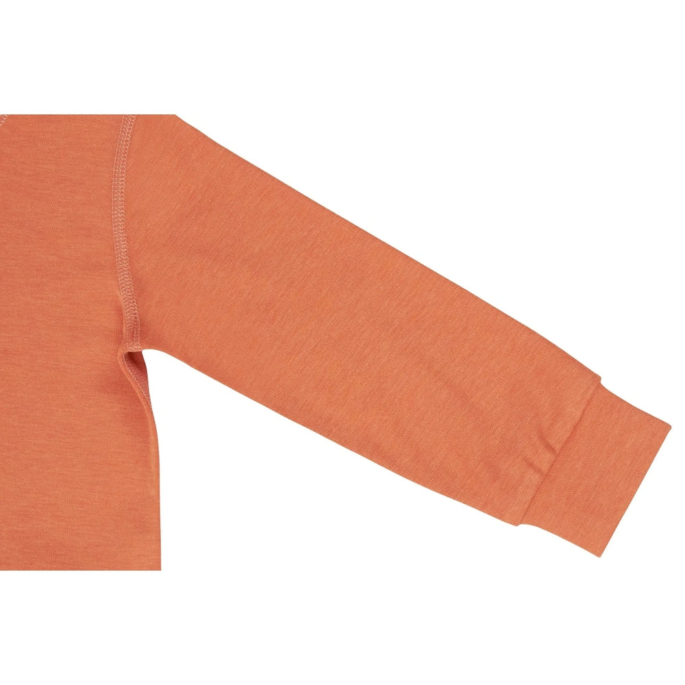 Nest Designs Tanboocel mock neck long-sleeve shirt in apricot orange; ribbed cuff detail visible.