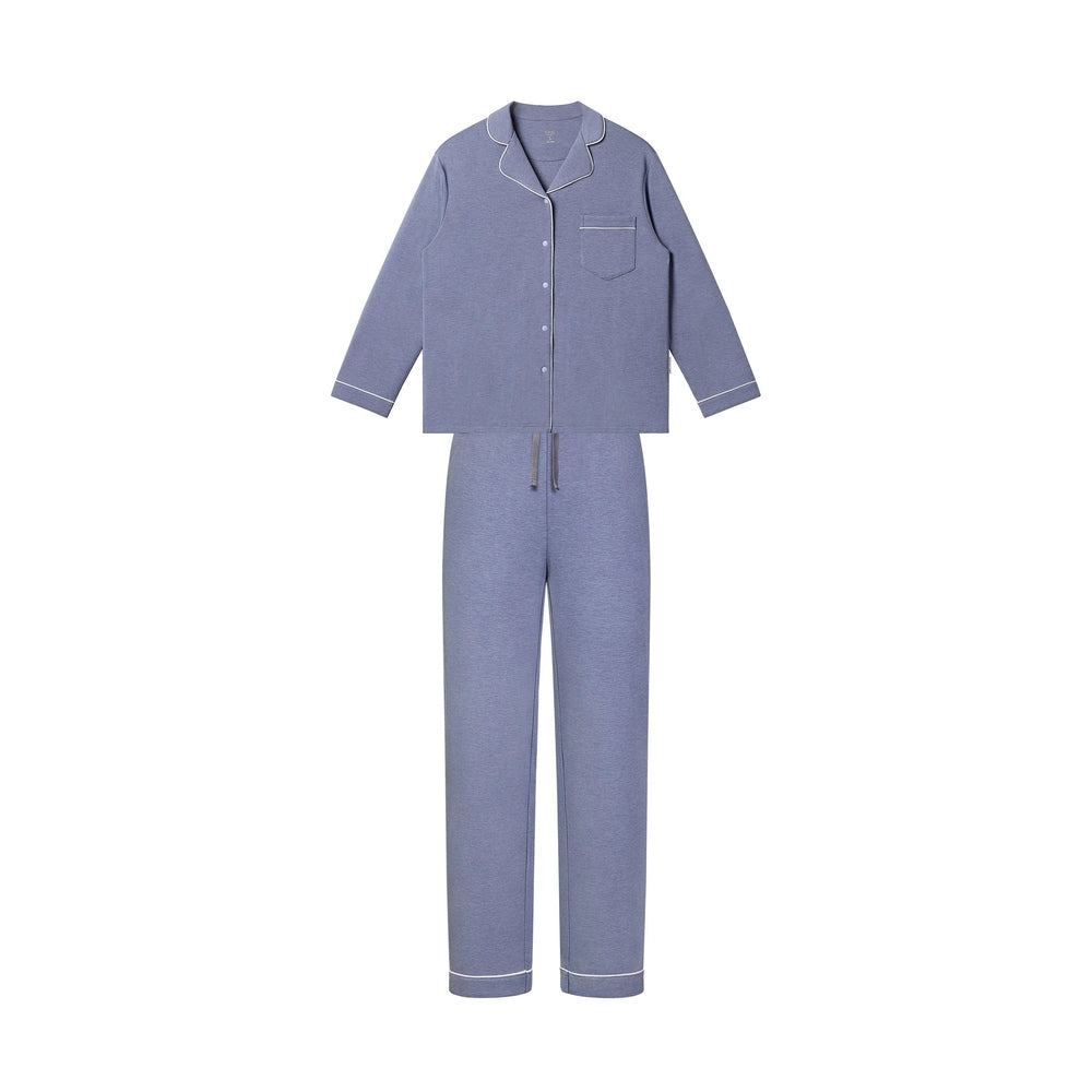 Nest Designs Twilight Purple women's pajama set, long-sleeve button-up top with white piping and drawstring pants