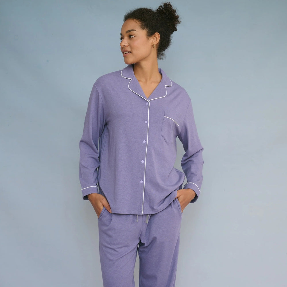 Nest Designs Twilight Purple women's pajama set, long-sleeve button-up with white piping and chest pocket