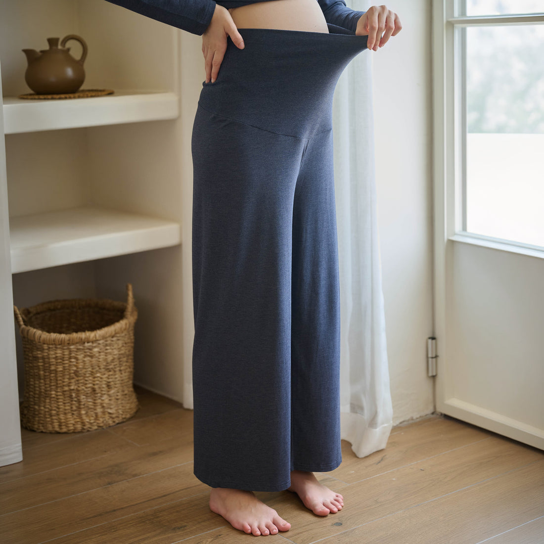 Nest Designs Turn Over Waistband Maternity Pants Inkwell raised waistband fit view