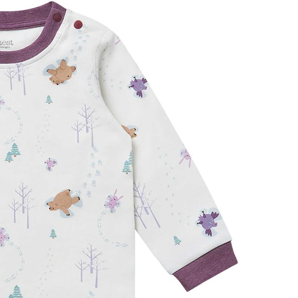 Nest Designs Two-Piece Long-Sleeve Pajama Set, white with purple cuffs, featuring bears, rabbits and snowy trees.