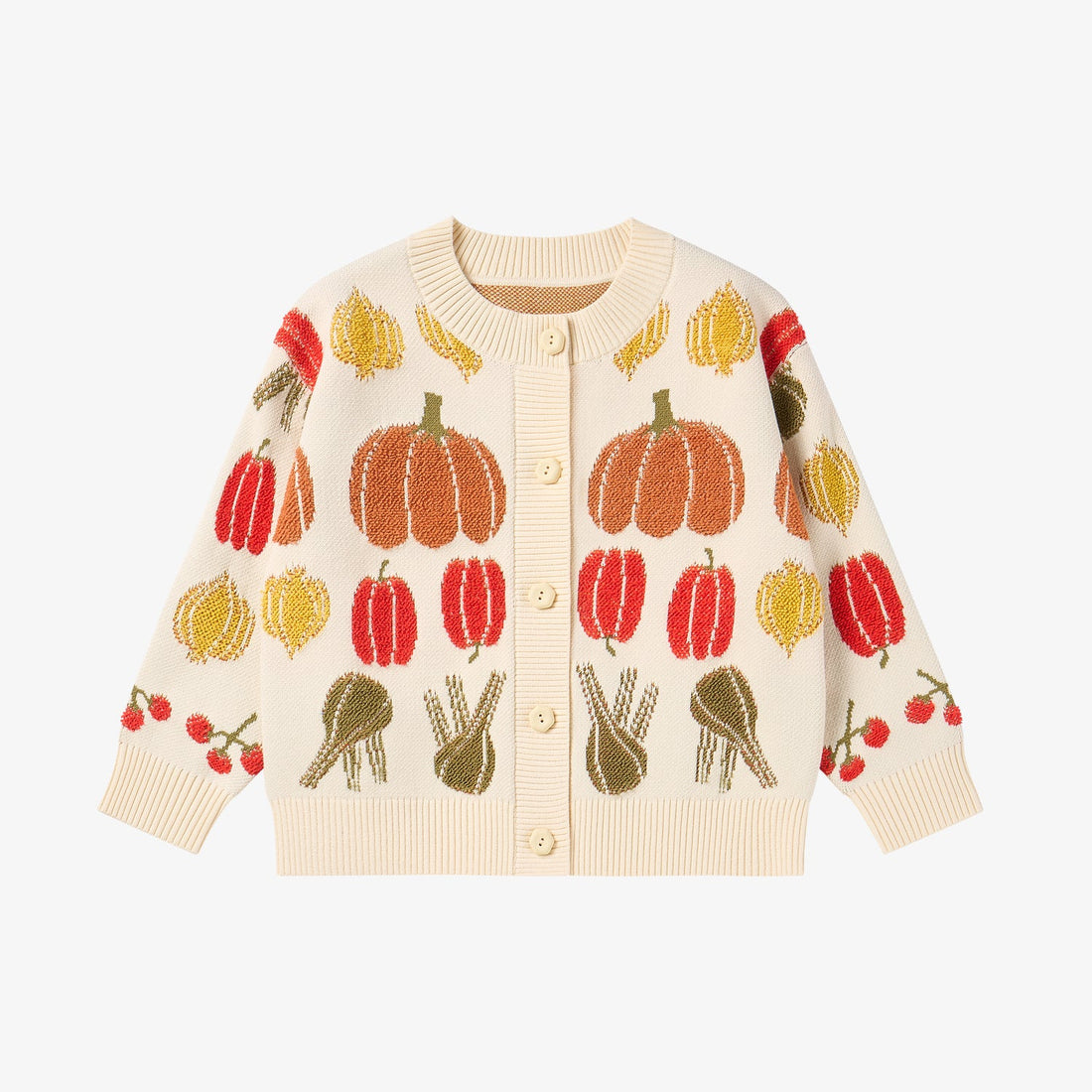 Nest Designs Veggie Jacquard Cardigan in Veggie Tales cream, front studio view with dense multicolour vegetable pattern