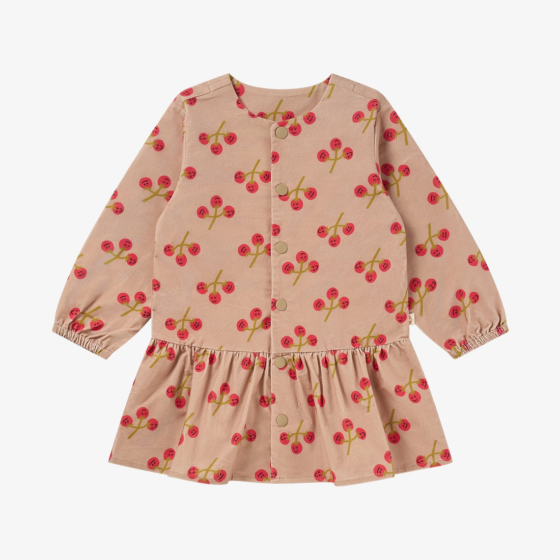 Nest Designs You're So Vine blush corduroy dress, front studio view with cherry print and gathered ruffle skirt