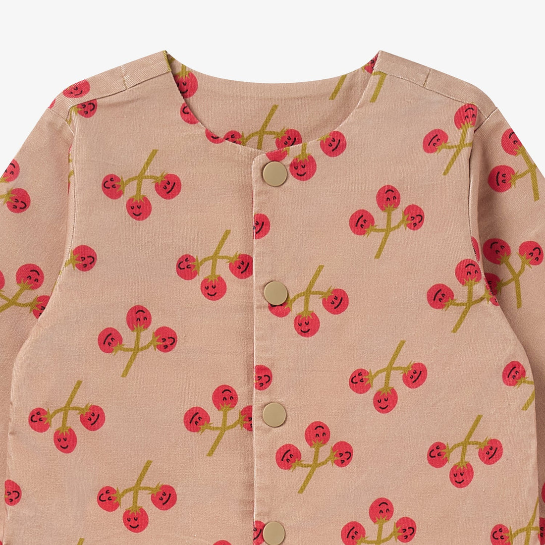 Nest Designs You're So Vine blush corduroy dress, neckline close-up with button placket and red cherry motifs