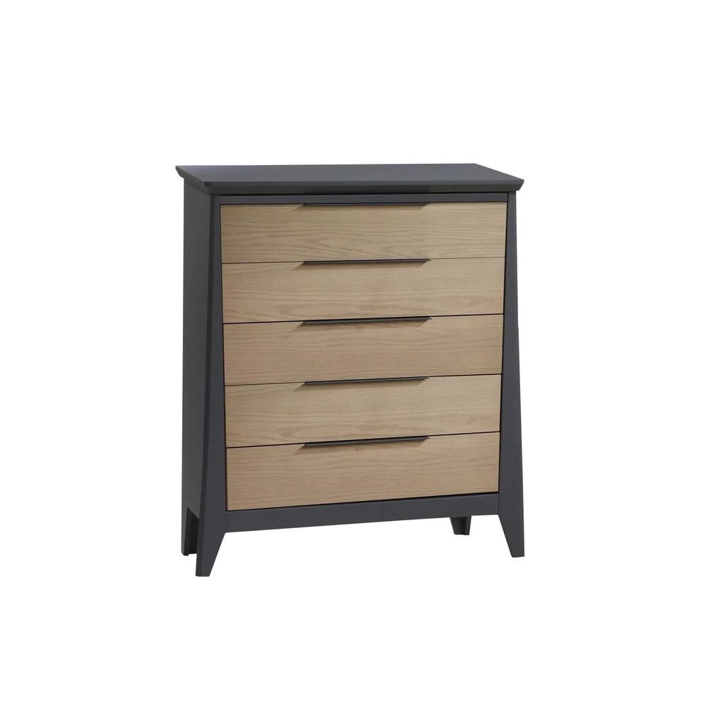 Nest Flexx Premium 5 Drawer Dresser in dark gray frame with natural oak drawers, five spacious drawers with sleek handles.
