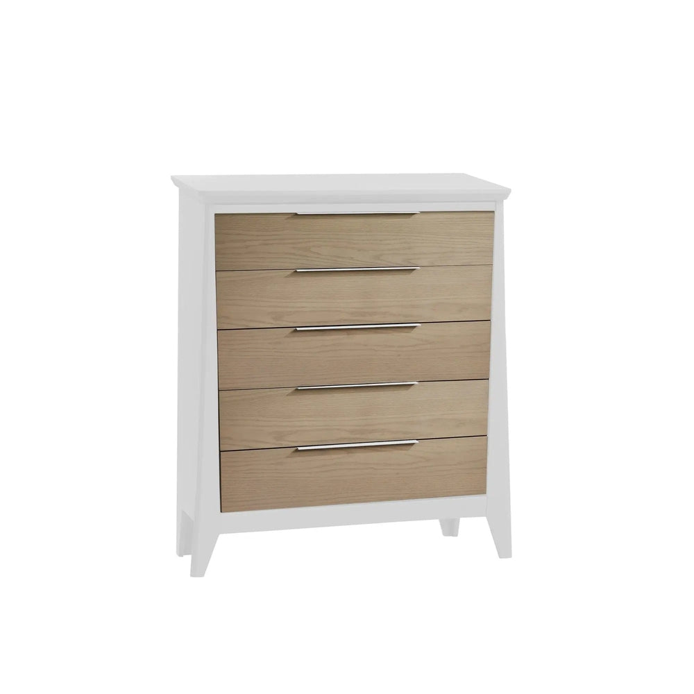 Nest Flexx Premium 5 Drawer Dresser, white frame with natural wood drawers, stands on angled feet.