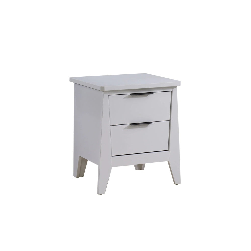 Nest Flexx Premium Nightstand, white with black handles, two drawers, under-mounted glides on tapered legs