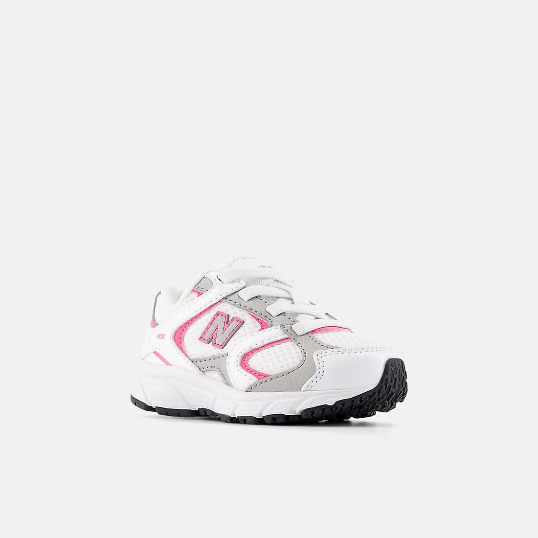New Balance 408 Bungee Lace Shoes in White With Pink Satin — front angle