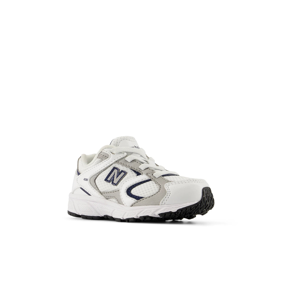 Pair of white and natural indigo New Balance 408 toddler shoes viewed from the front side