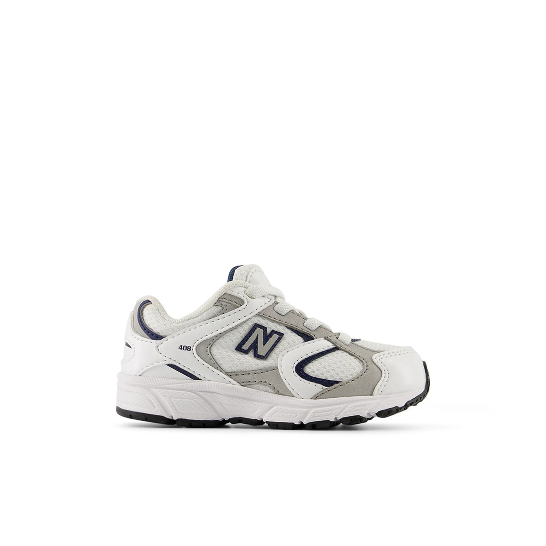 New Balance 408 toddler shoe in white and natural indigo, outer side view