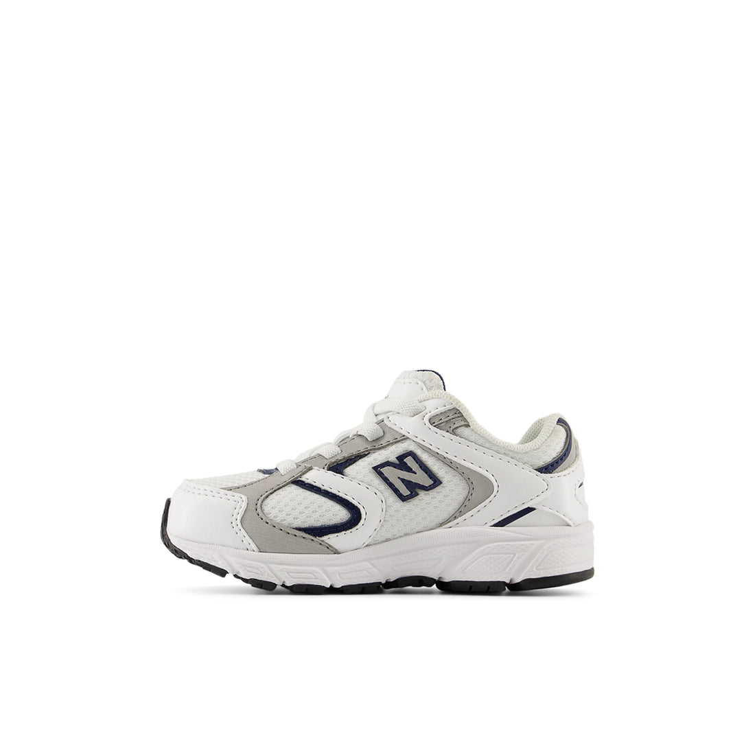 Inner side view of the white and natural indigo New Balance 408 toddler shoe