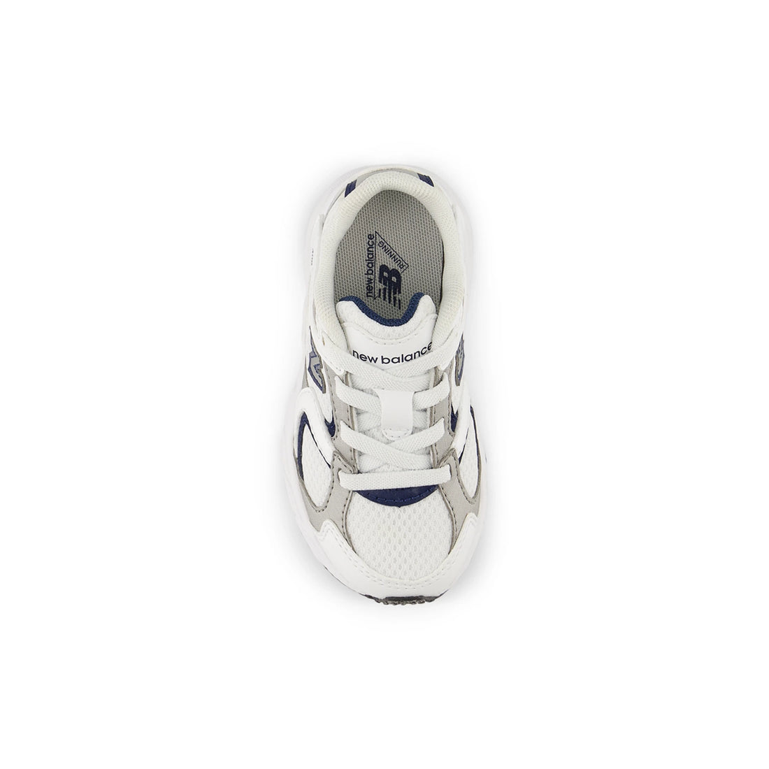 Top view of the white and natural indigo New Balance 408 shoe showing bungee laces