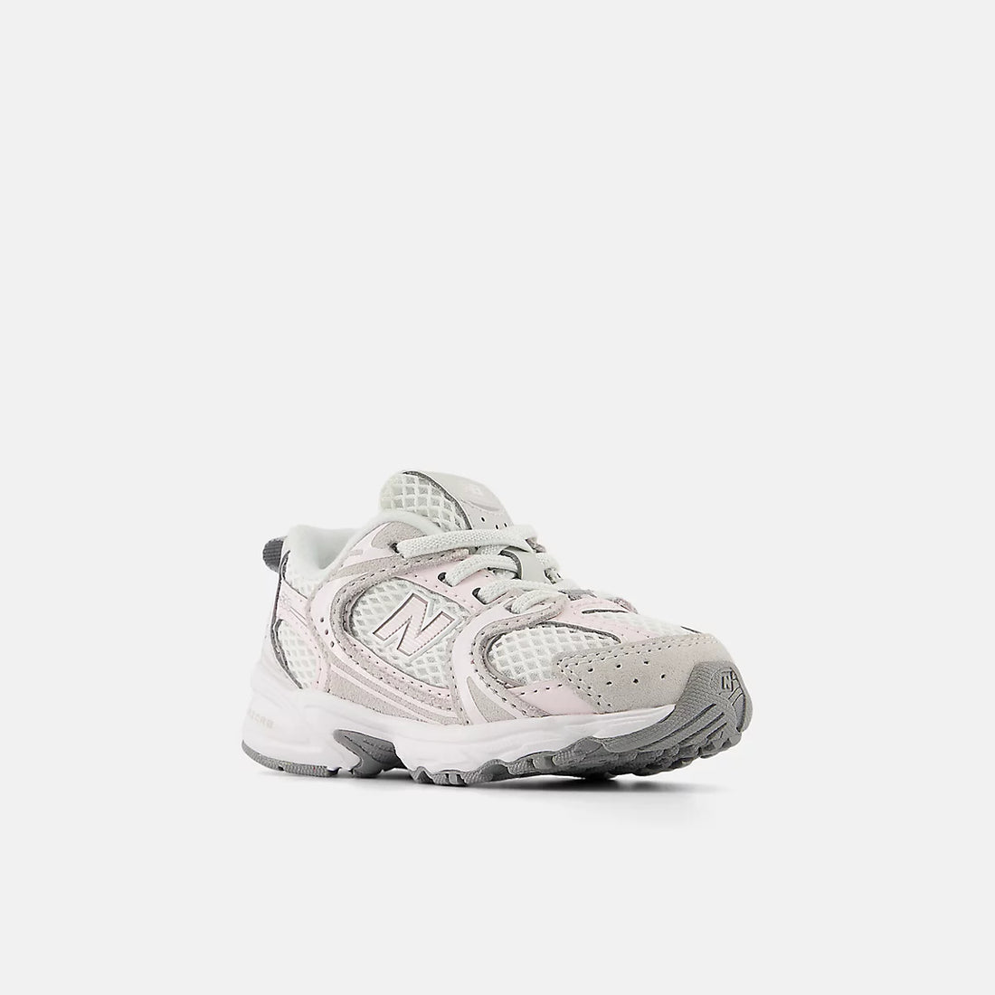 New Balance 530 Bungee Shoes in Grey Matter With Pink Salt — front angle (baby and toddler version)