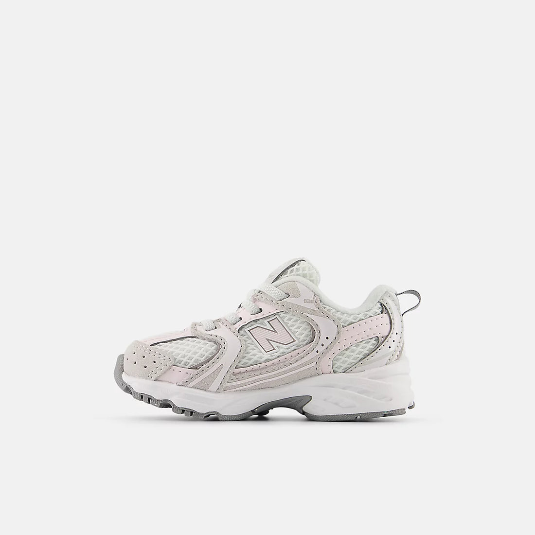 New Balance 530 Bungee Shoes in Grey Matter With Pink Salt — inner side (baby and toddler version)