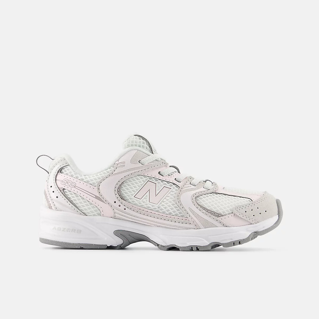 New Balance 530 Bungee Shoes in Grey Matter With Pink Salt — outer side (little kids version)