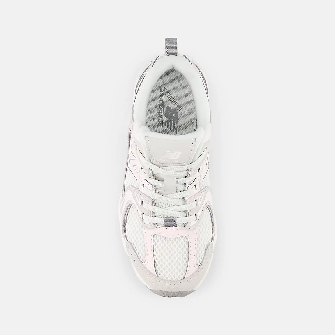 New Balance 530 Bungee Shoes in Grey Matter With Pink Salt — top (little kids version)