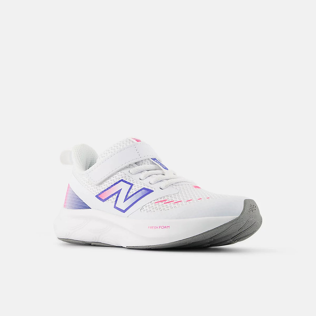 New Balance 625 Hook & Loop Shoes in White With Pink Heat And Bluebird — front angle