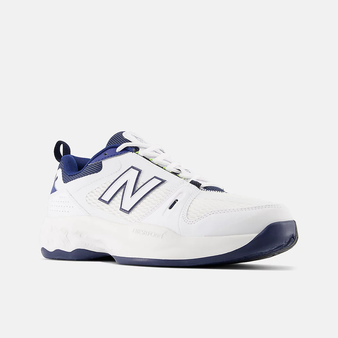 New Balance Men’s Fresh Foam X 1007 Tennis Shoes in White With Team Navy — front angle