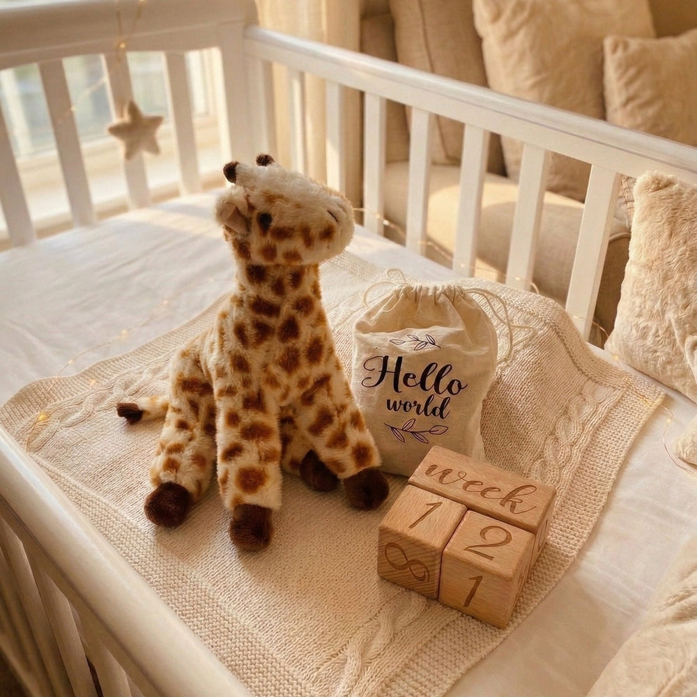 Giraffe plush toy and wooden blocks on a crib with 'Hello world' banner