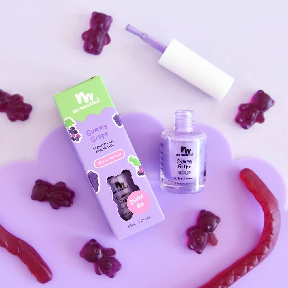 No Nasties Kids Gummy Grape water-based scented nail polish bottle with purple box, 20 Free Formula.
