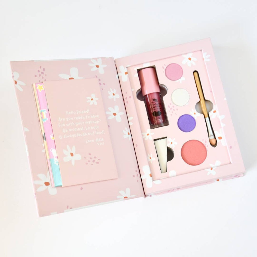 No Nasties Kids Nala pink makeup palette kit for kids; pink pressed-powder palette with brush and lip gloss