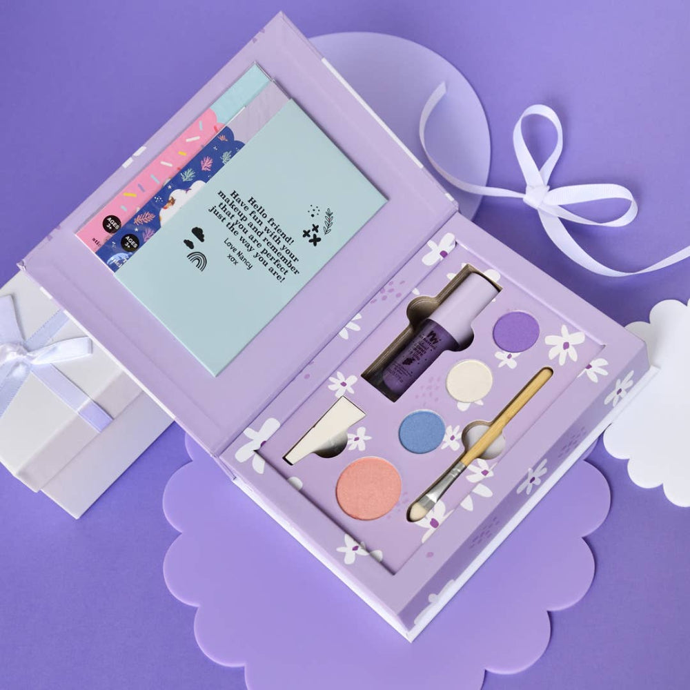 No Nasties Kids Nancy Kids purple natural pressed powder makeup palette kit with brushes and accessories