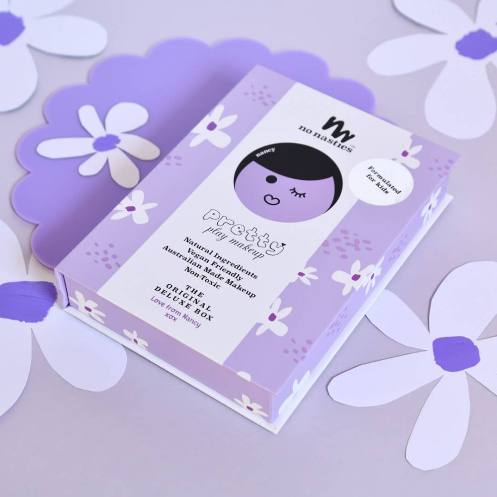No Nasties Kids Nancy Kids purple natural pressed powder makeup palette kit with floral design