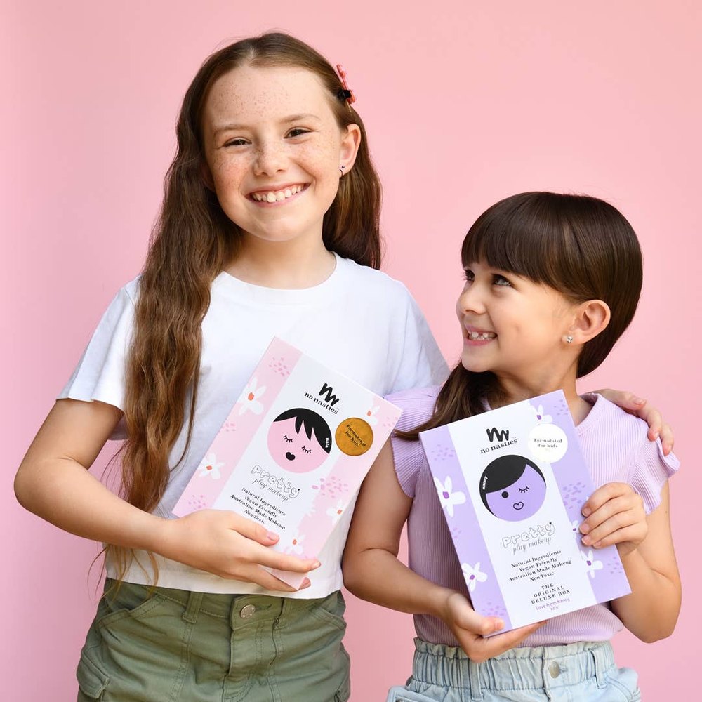 No Nasties Kids Nancy Kids Natural Pressed Powder Palette Kit; two palettes in pink and purple packaging