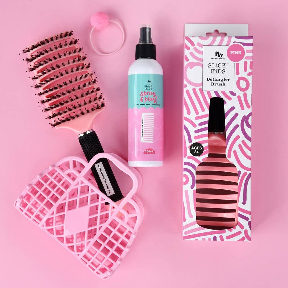 No Nasties Kids Alcohol-Free Hair Spray 200 ml in lavender and lime with pink detangler brush