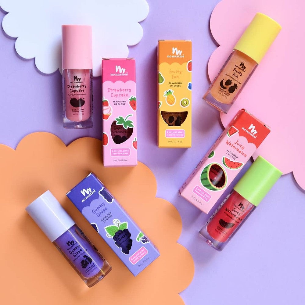 No Nasties Kids lip gloss set, 6-pack of fruity flavored lip glosses in pink, purple, orange, and yellow tubes