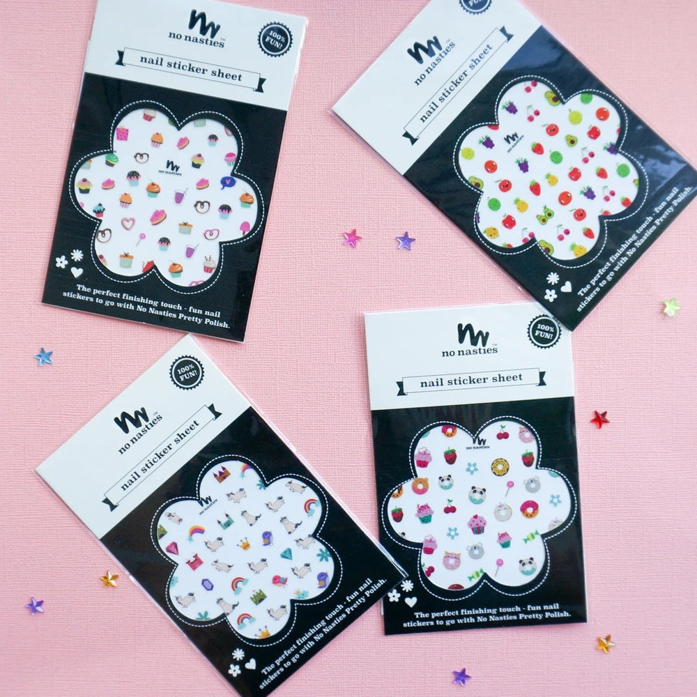 No Nasties nail sticker sheet set of four featuring colorful emoji and dessert designs on black backing.