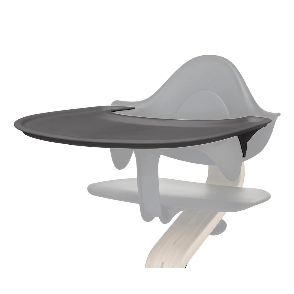 NOMI Tray by Evomove gray high-chair tray extending over a NOMI chair, showing smooth rounded edge.