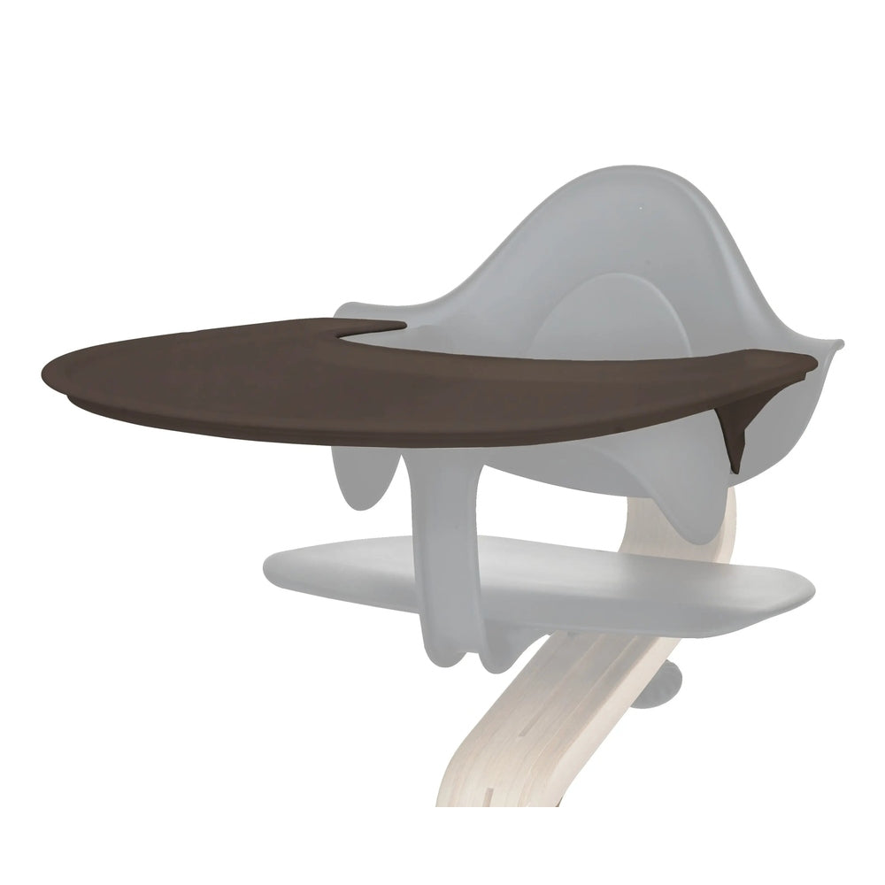 NOMI Tray by Evomove attached to a gray high chair, with a dark brown tray extending forward.